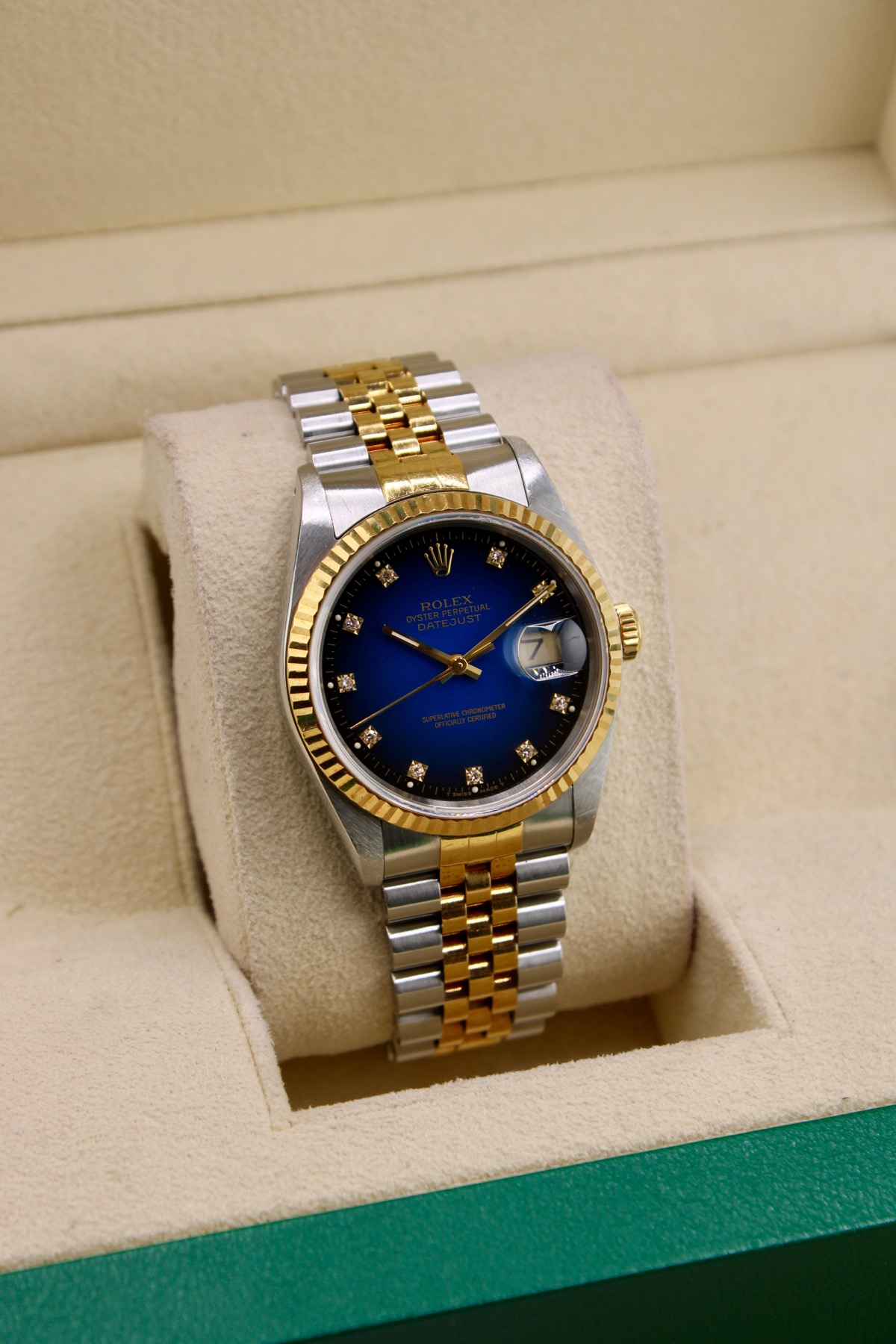Rolex Datejust 36 Blue Vignette Diamond Dial 16233 angled dial photo