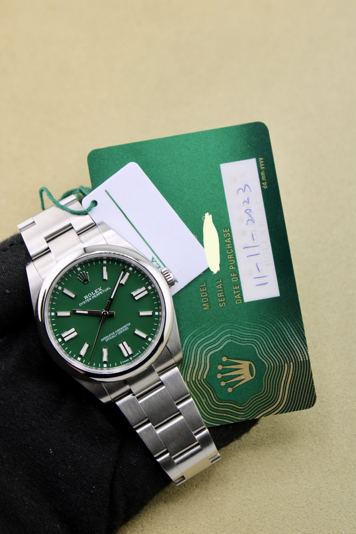 Rolex Oyster Perpetual 41 with warranty card and white tag