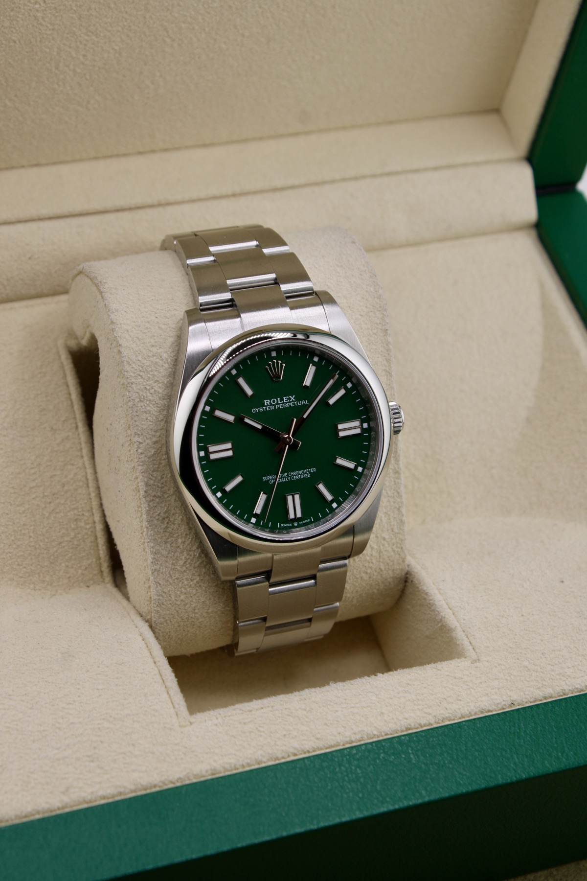 Rolex Oyster Perpetual 41 green dial angled front view
